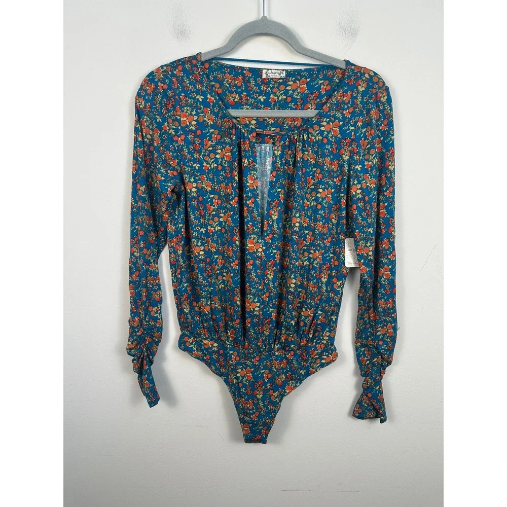 Free People Kaya Printed Bodysuit S Turquoise Floral NWT Keyhole Boho Long Slv